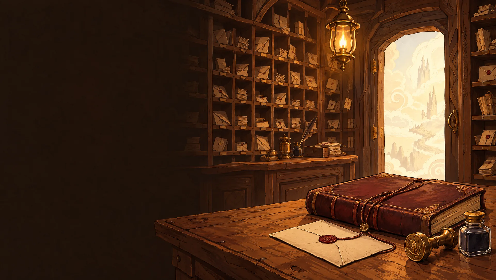 An illustrated postal archive, with a leather-bound Route Book and sealed correspondence on a lamplit wooden desk