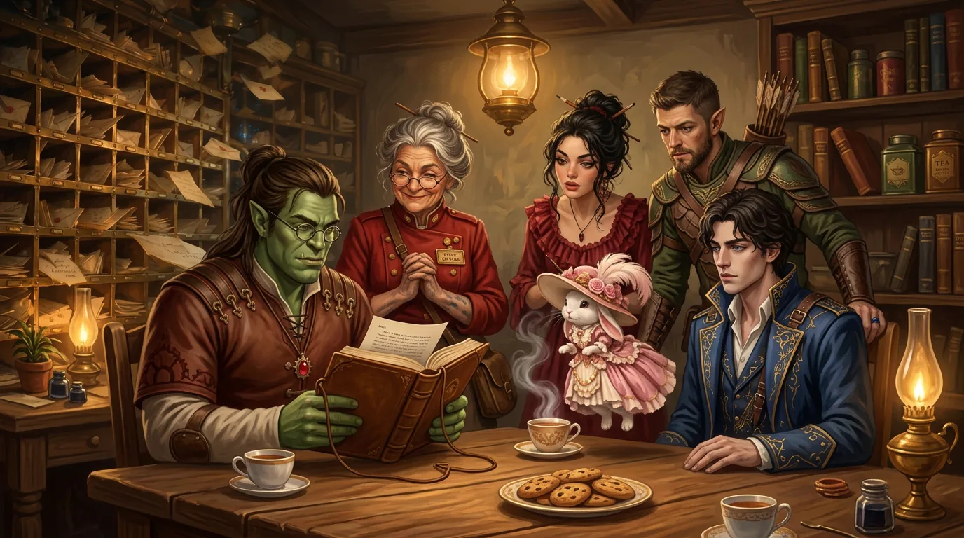 Horatio reads the Route Book at the kitchen table while Maggie, Agata, Corin, Dorian and Celestine look on