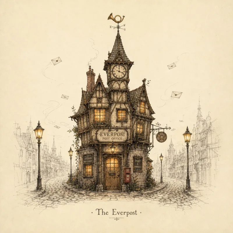 Album cover: the crooked Everpost building with its clock tower and posthorn weathervane